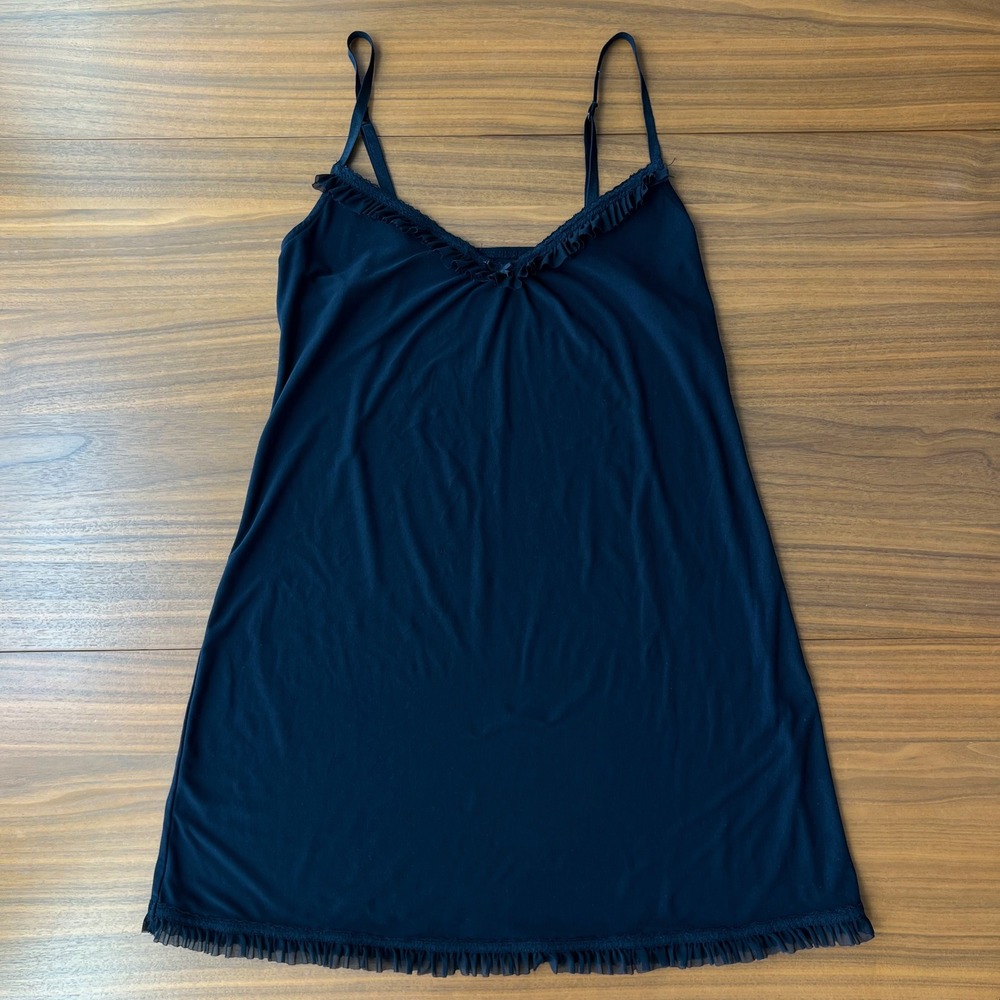 George Black Slip Medium Soft Sleep Lounge Dress Ruffle Trim Coquette Babydoll